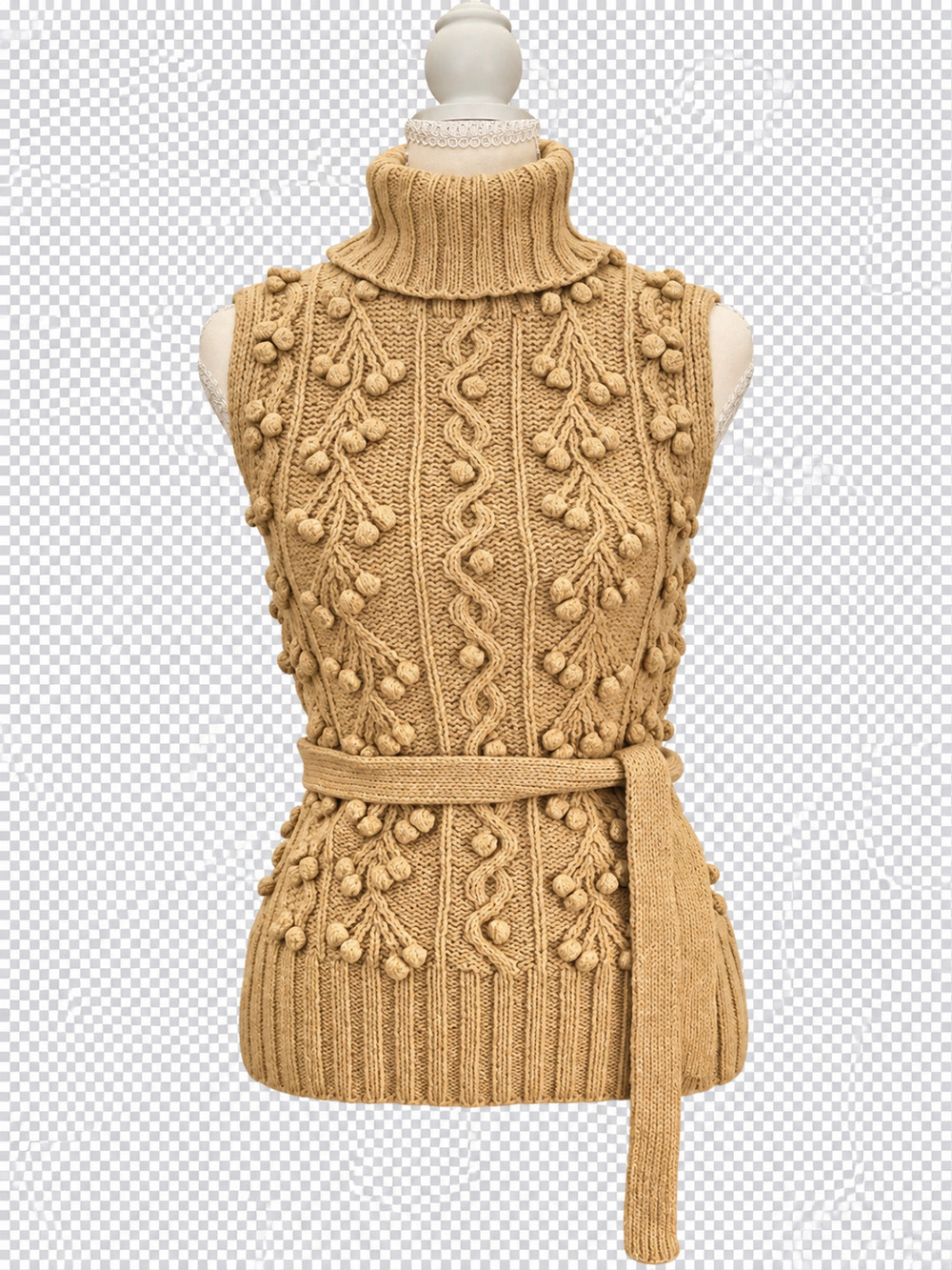Urchin Women’s S Lambswool Angora Cable Knit Sweater Vest Turtleneck Belted Tan